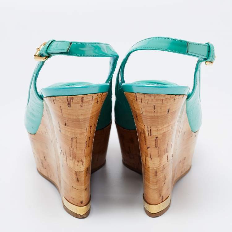Pre Owned Louis Vuitton Turquoise Monogram Vernis Leather Pantheon Wedge Slingback Sandals Size 38