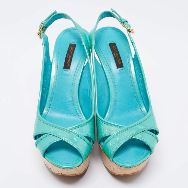Pre Owned Louis Vuitton Turquoise Monogram Vernis Leather Pantheon Wedge Slingback Sandals Size 38