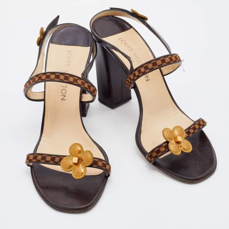 Pre Owned Louis Vuitton Brown Damier Calf Hair And Leather Floral Embellished Slingback Sandals Size 39