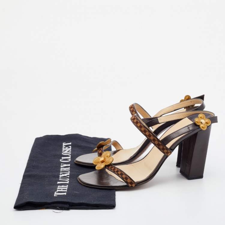 Pre Owned Louis Vuitton Brown Damier Calf Hair And Leather Floral Embellished Slingback Sandals Size 39