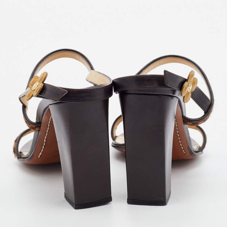 Pre Owned Louis Vuitton Brown Damier Calf Hair And Leather Floral Embellished Slingback Sandals Size 39
