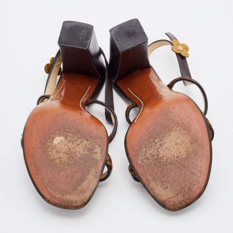 Pre Owned Louis Vuitton Brown Damier Calf Hair And Leather Floral Embellished Slingback Sandals Size 39