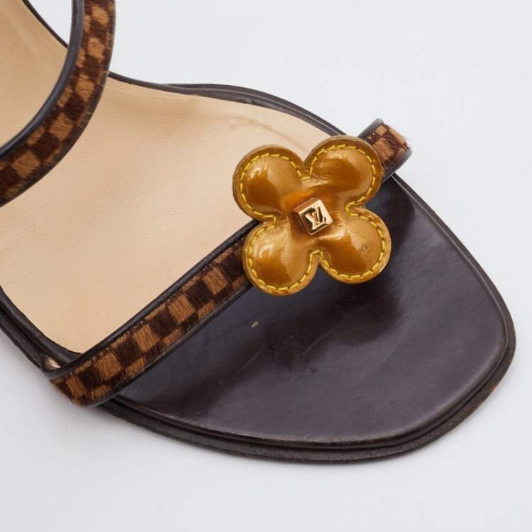 Pre Owned Louis Vuitton Brown Damier Calf Hair And Leather Floral Embellished Slingback Sandals Size 39