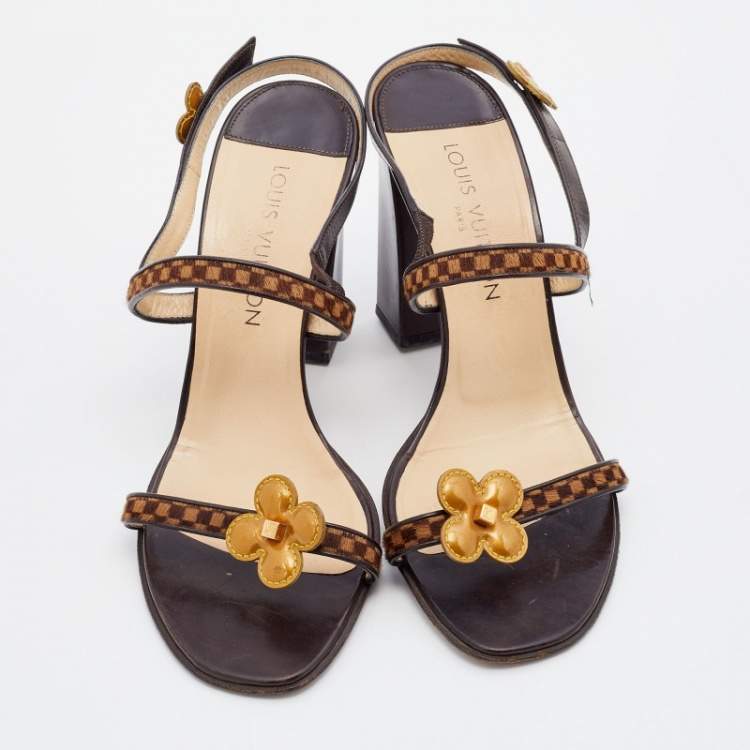 Pre Owned Louis Vuitton Brown Damier Calf Hair And Leather Floral Embellished Slingback Sandals Size 39