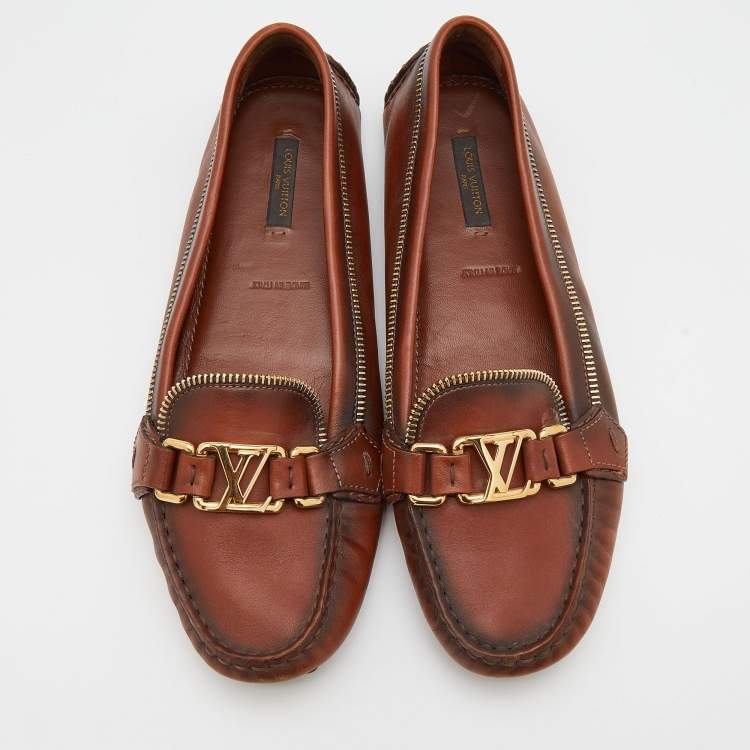 Pre Owned Louis Vuitton Brown Leather Zipper Detail Slip On Loafers Size 38.5