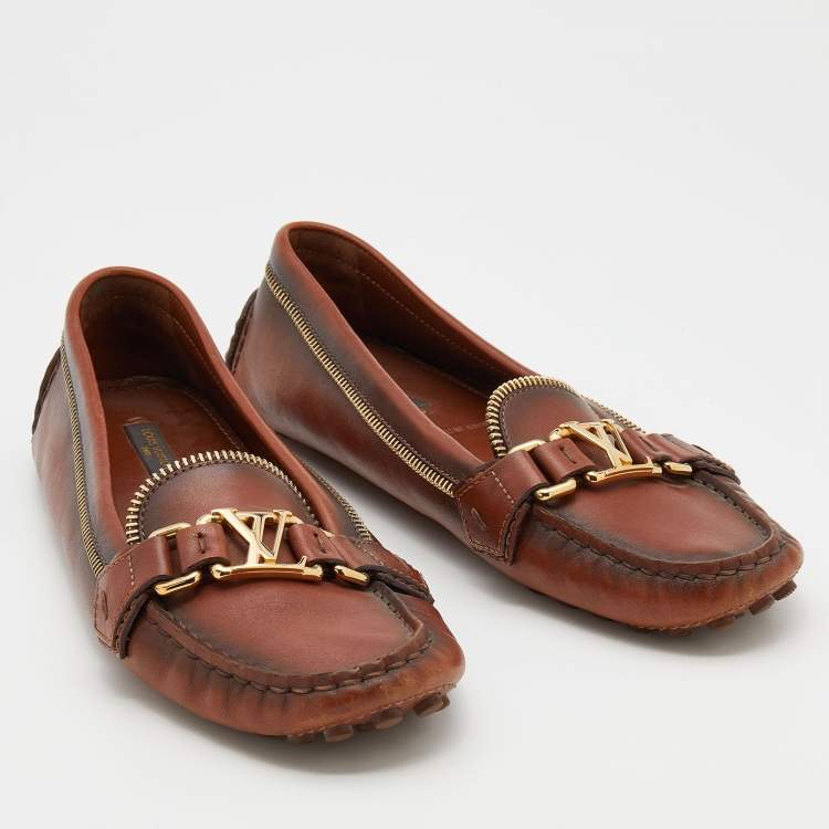 Pre Owned Louis Vuitton Brown Leather Zipper Detail Slip On Loafers Size 38.5