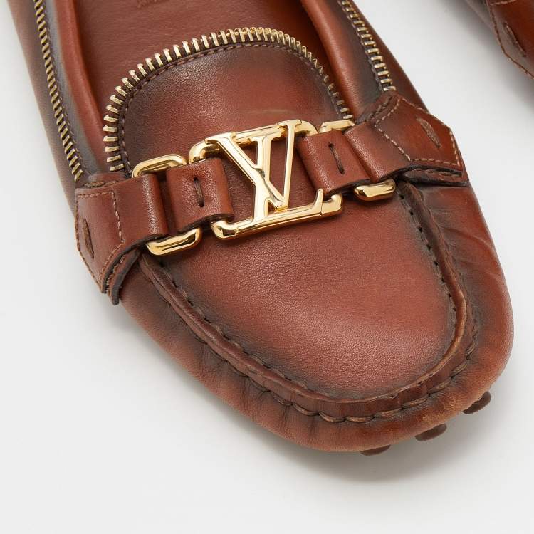 Pre Owned Louis Vuitton Brown Leather Zipper Detail Slip On Loafers Size 38.5