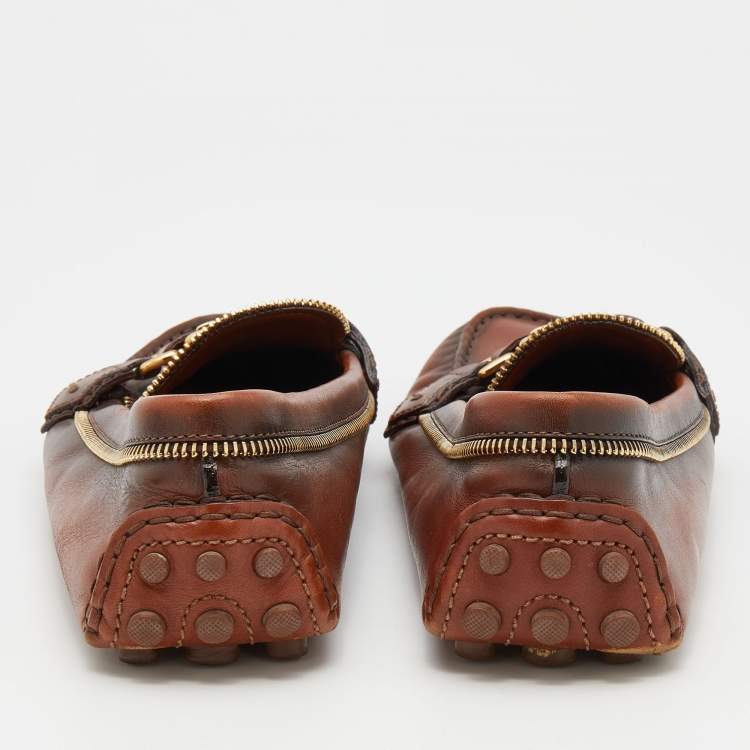 Pre Owned Louis Vuitton Brown Leather Zipper Detail Slip On Loafers Size 38.5