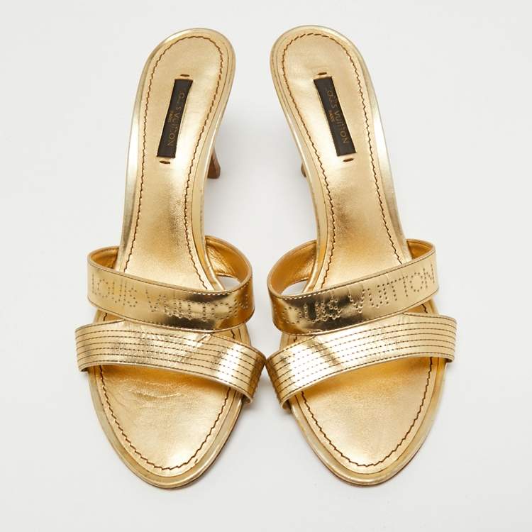 Pre Owned Louis Vuitton Gold  Leather Slide Sandals Size 38 