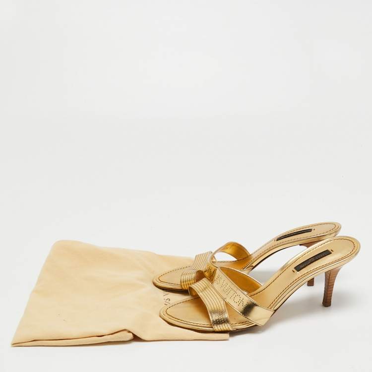 Pre Owned Louis Vuitton Gold  Leather Slide Sandals Size 38 