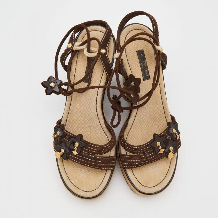 Pre Owned Louis Vuitton Brown Suede Embellished Wedge Espadrille Ankle Wrap Sandals Size 38