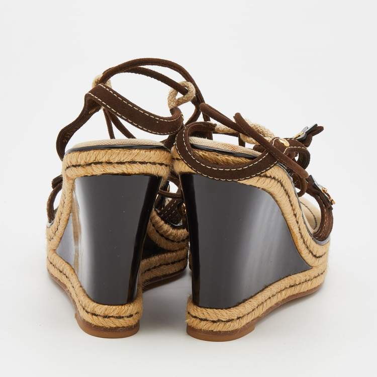 Pre Owned Louis Vuitton Brown Suede Embellished Wedge Espadrille Ankle Wrap Sandals Size 38