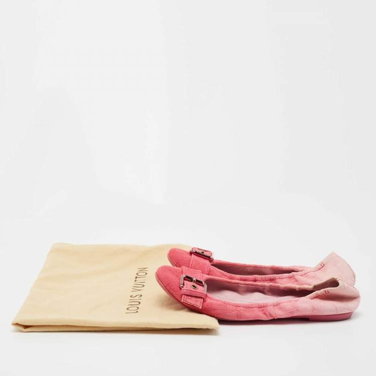 Pre Owned Louis Vuitton Pink Denim Buckle Scrunch Ballet Flats Size 38