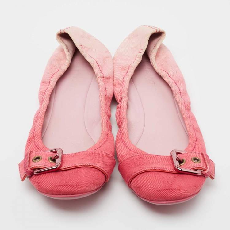 Pre Owned Louis Vuitton Pink Denim Buckle Scrunch Ballet Flats Size 38