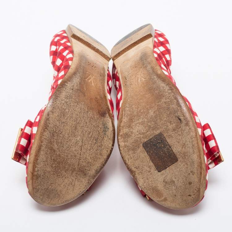 Pre Owned Louis Vuitton Red/White Fabric Scrunch Bow Ballet Flats Size 37.5