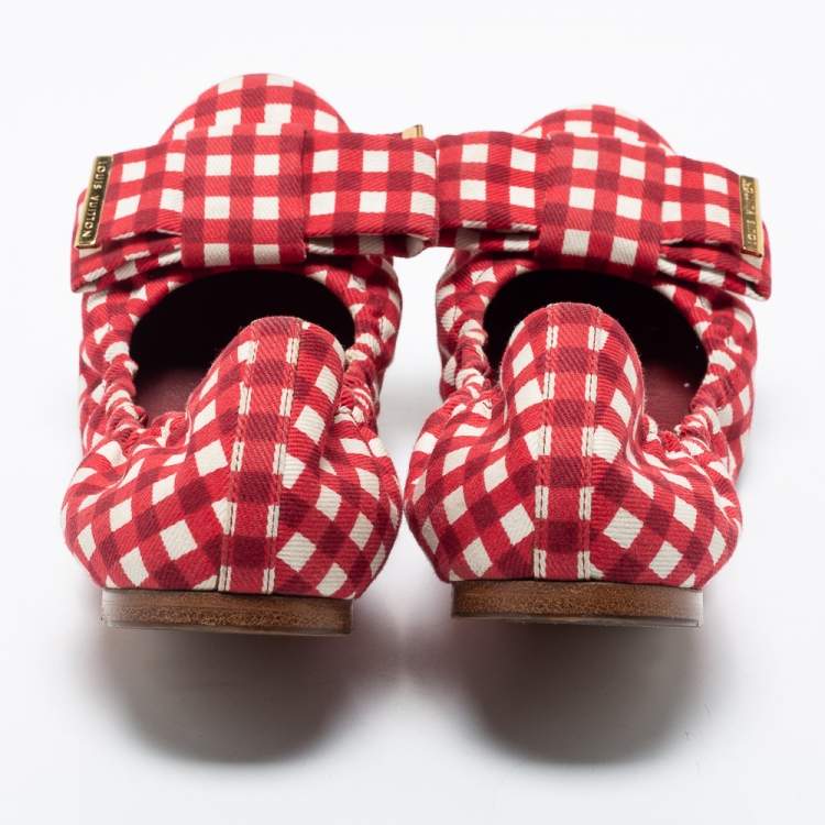 Pre Owned Louis Vuitton Red/White Fabric Scrunch Bow Ballet Flats Size 37.5