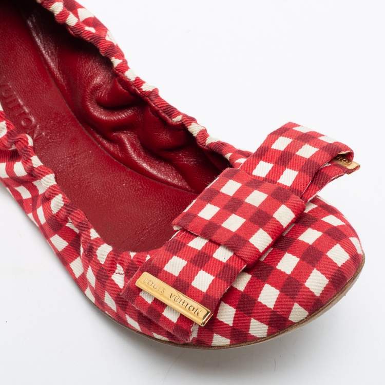 Pre Owned Louis Vuitton Red/White Fabric Scrunch Bow Ballet Flats Size 37.5