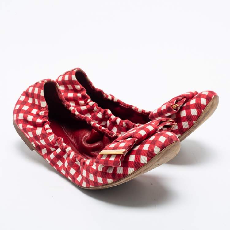 Pre Owned Louis Vuitton Red/White Fabric Scrunch Bow Ballet Flats Size 37.5
