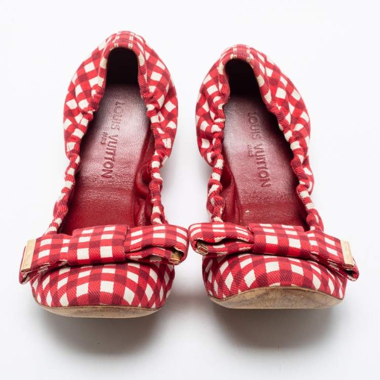 Pre Owned Louis Vuitton Red/White Fabric Scrunch Bow Ballet Flats Size 37.5