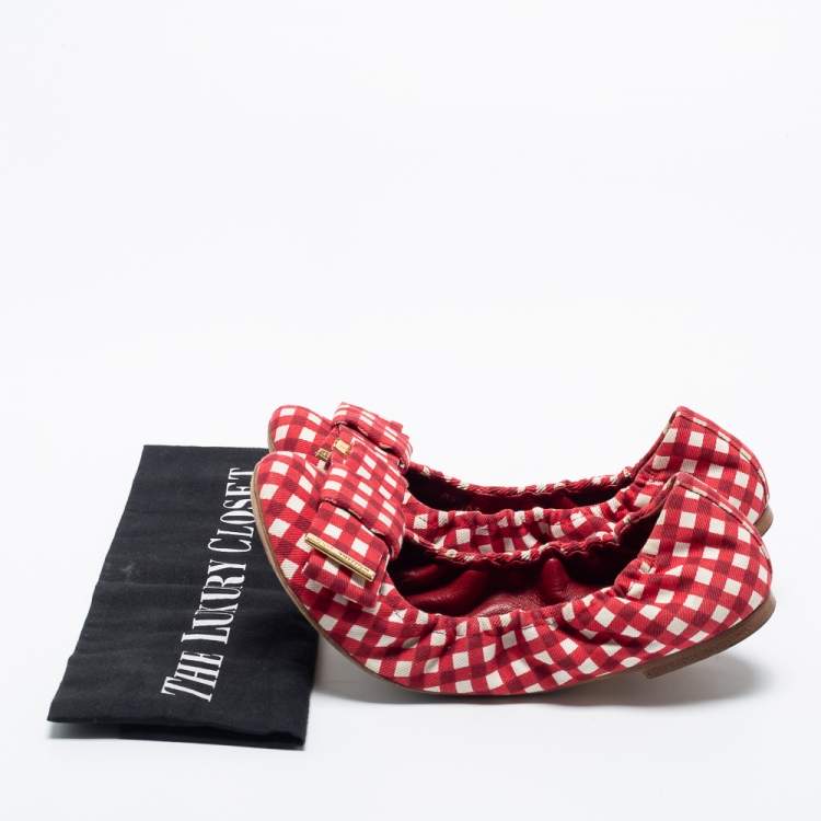 Pre Owned Louis Vuitton Red/White Fabric Scrunch Bow Ballet Flats Size 37.5