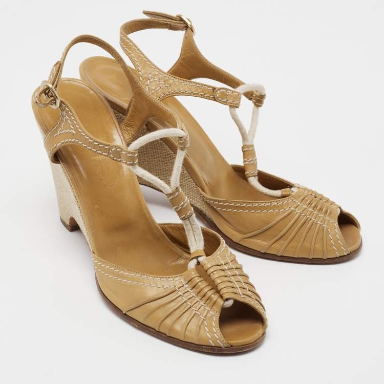 Pre Owned Louis Vuitton Brown Leather Wedge Ankle Strap  Sandals Size 40.5