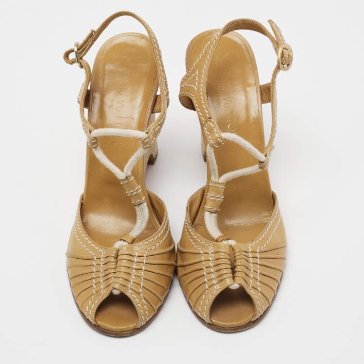 Pre Owned Louis Vuitton Brown Leather Wedge Ankle Strap  Sandals Size 40.5