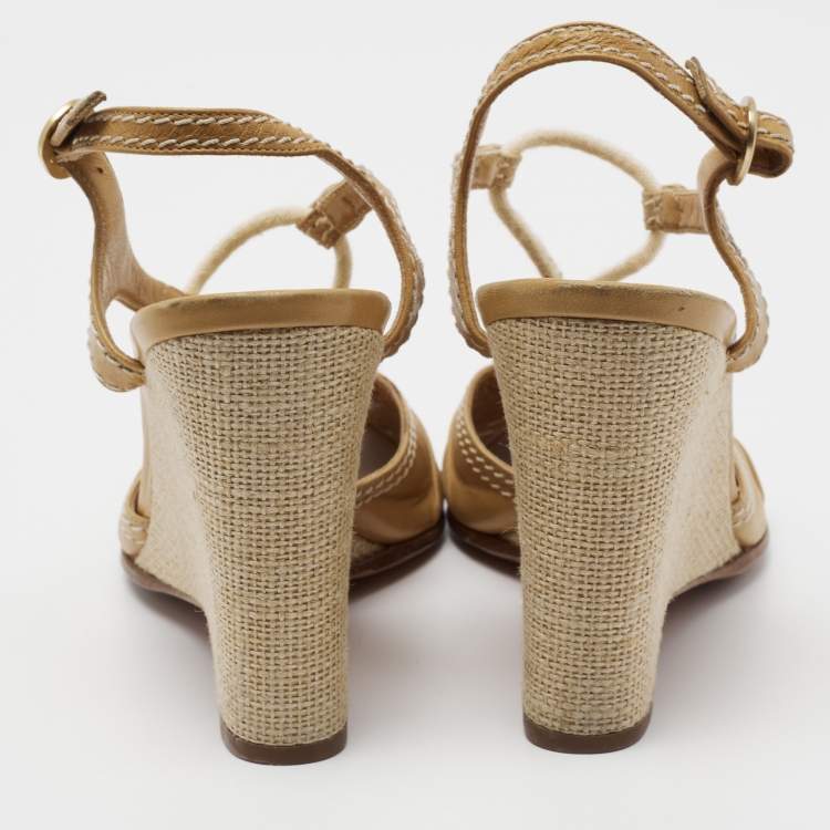 Pre Owned Louis Vuitton Brown Leather Wedge Ankle Strap  Sandals Size 40.5