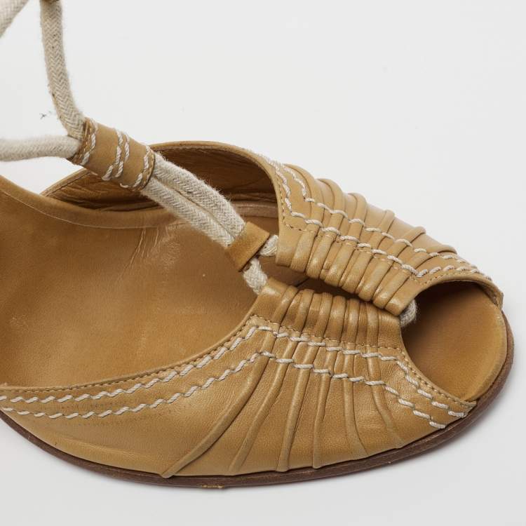 Pre Owned Louis Vuitton Brown Leather Wedge Ankle Strap  Sandals Size 40.5