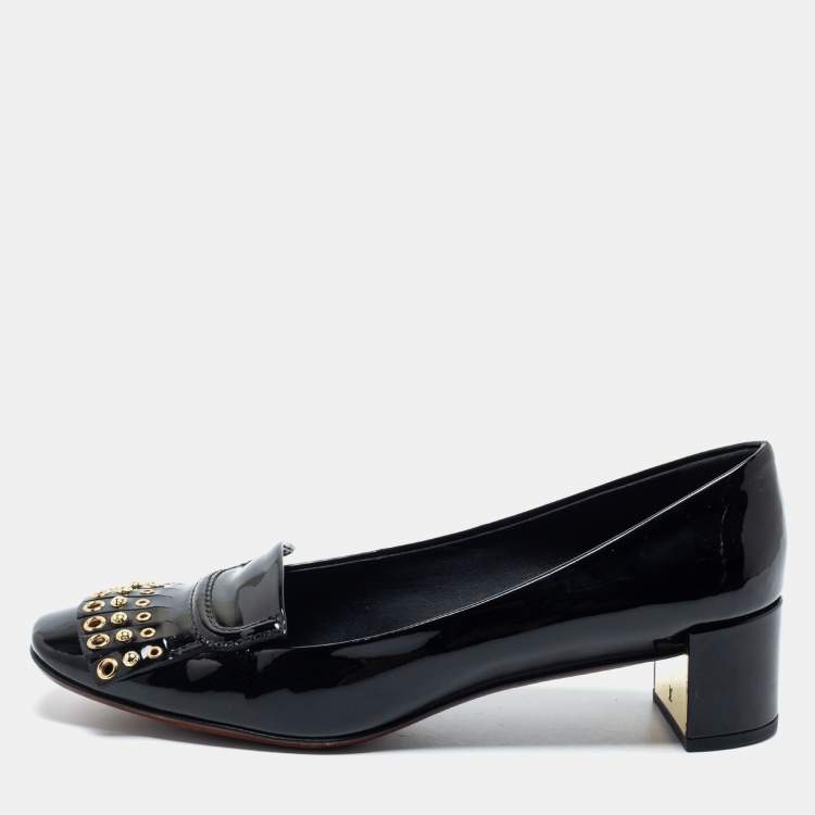 Pre Owned Louis Vuitton Black Patent Leather Fringe Detail Pumps Size 38.5
