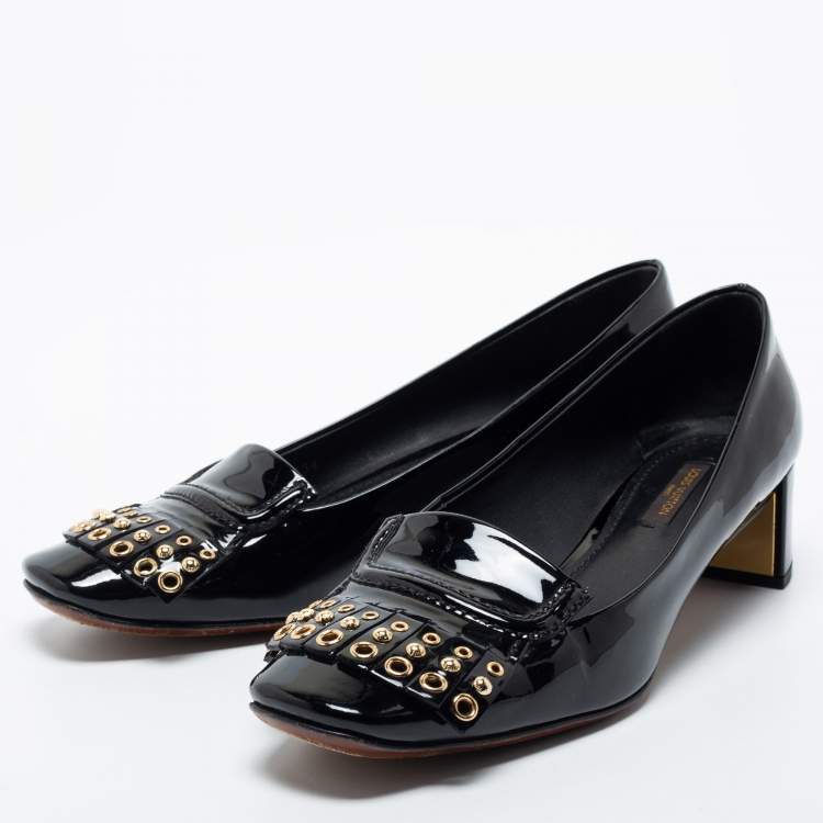 Pre Owned Louis Vuitton Black Patent Leather Fringe Detail Pumps Size 38.5
