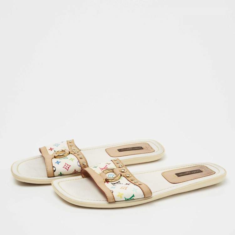 Pre Owned Louis Vuitton Multicolore Monogram Canvas and Leather Studded Flat Slides Size 36.5