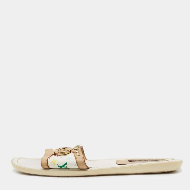 Pre Owned Louis Vuitton Multicolore Monogram Canvas and Leather Studded Flat Slides Size 36.5