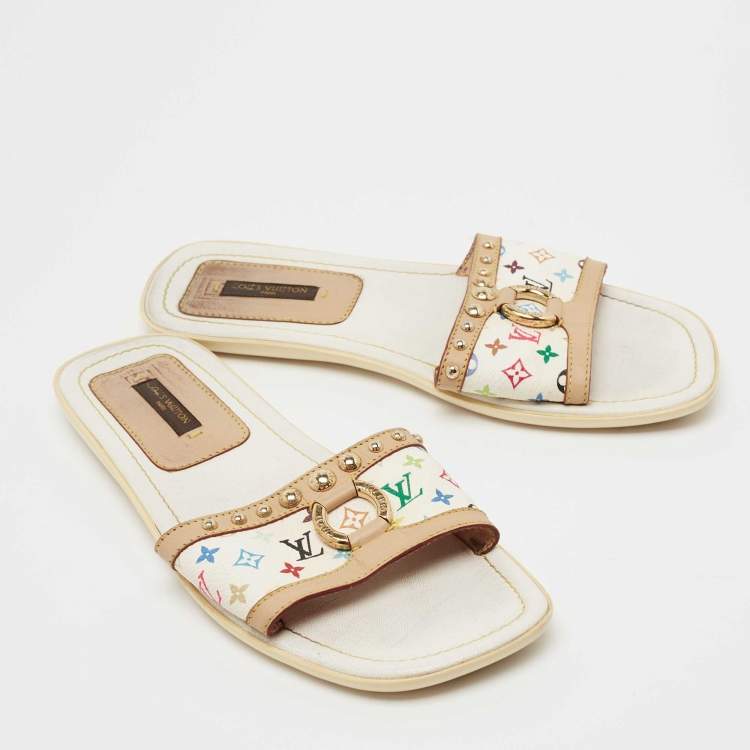 Pre Owned Louis Vuitton Multicolore Monogram Canvas and Leather Studded Flat Slides Size 36.5