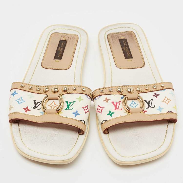 Pre Owned Louis Vuitton Multicolore Monogram Canvas and Leather Studded Flat Slides Size 36.5