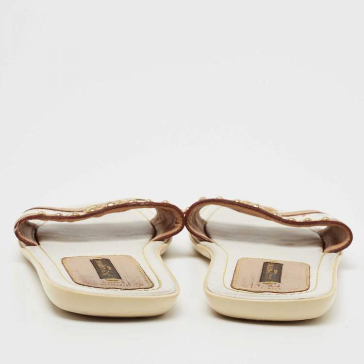 Pre Owned Louis Vuitton Multicolore Monogram Canvas and Leather Studded Flat Slides Size 36.5