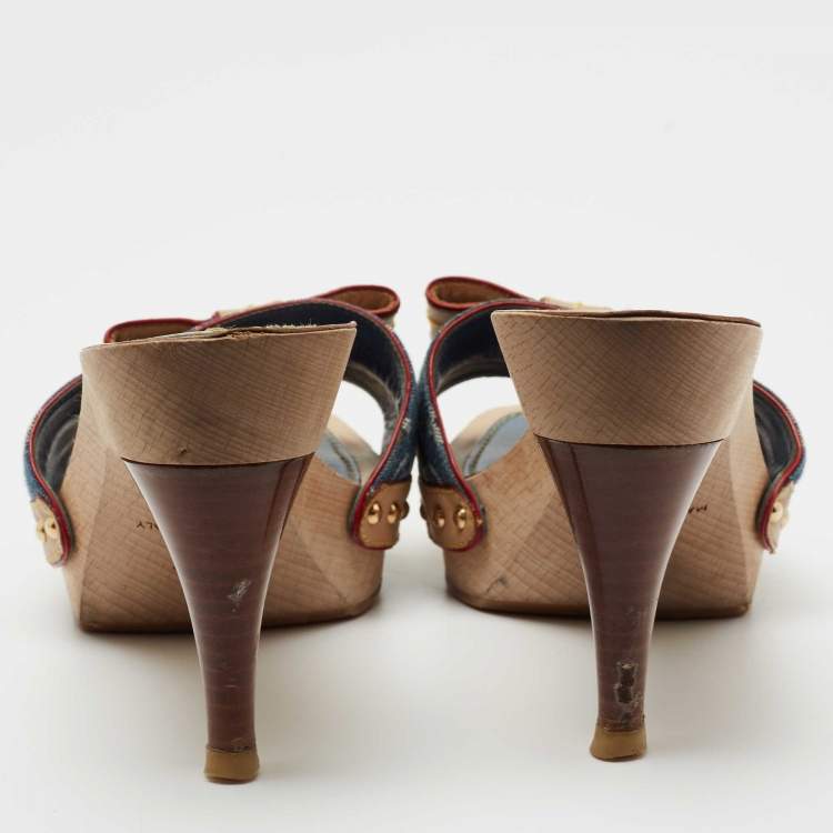 Pre Owned Louis Vuitton Blue Monogram Denim and Leather Bow Detail Slides Size 37