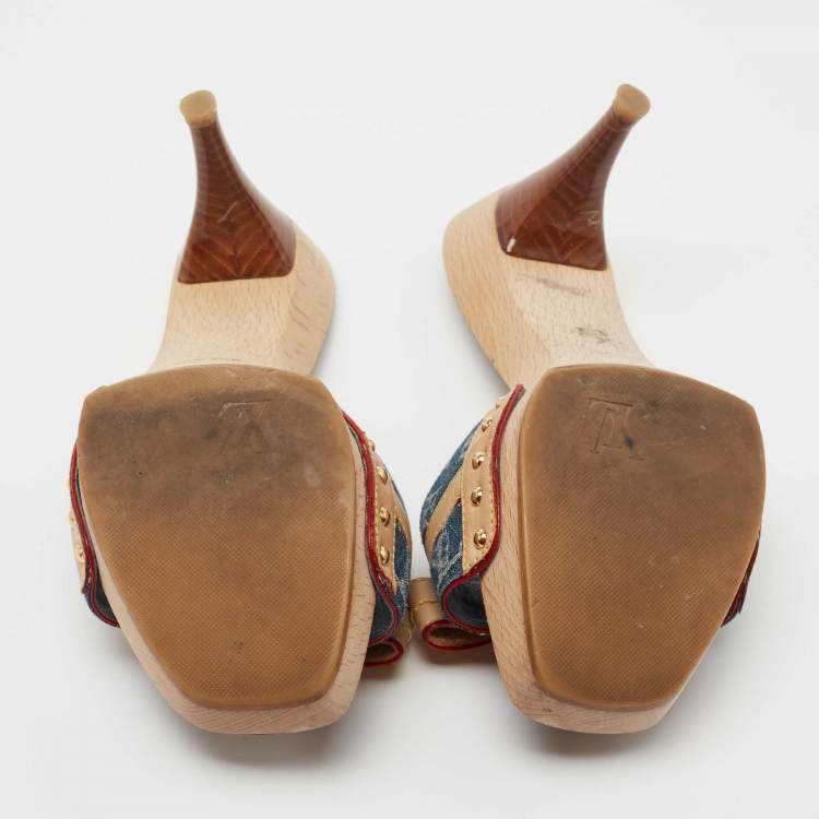 Pre Owned Louis Vuitton Blue Monogram Denim and Leather Bow Detail Slides Size 37