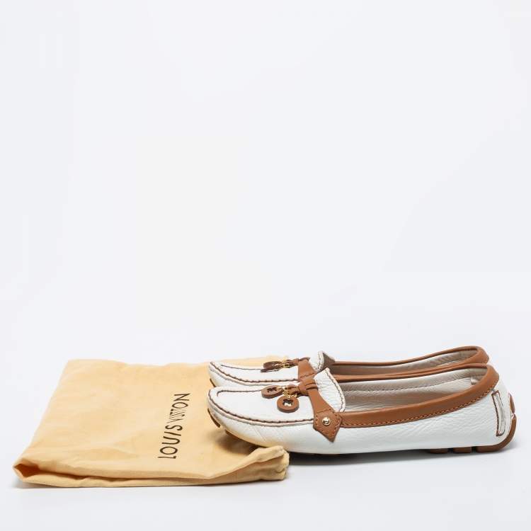 Pre Owned Louis Vuitton White/Brown Leather Slip On Loafers  Size 37