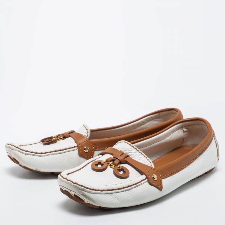 Pre Owned Louis Vuitton White/Brown Leather Slip On Loafers  Size 37