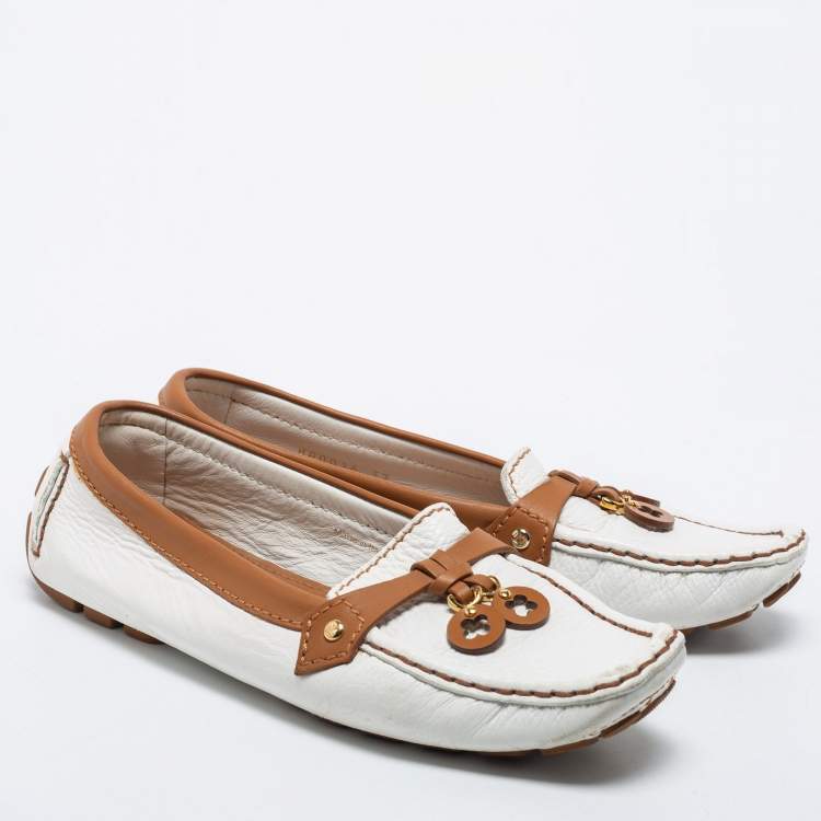 Pre Owned Louis Vuitton White/Brown Leather Slip On Loafers  Size 37
