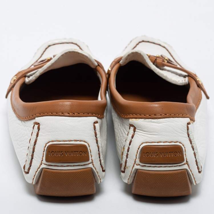 Pre Owned Louis Vuitton White/Brown Leather Slip On Loafers  Size 37