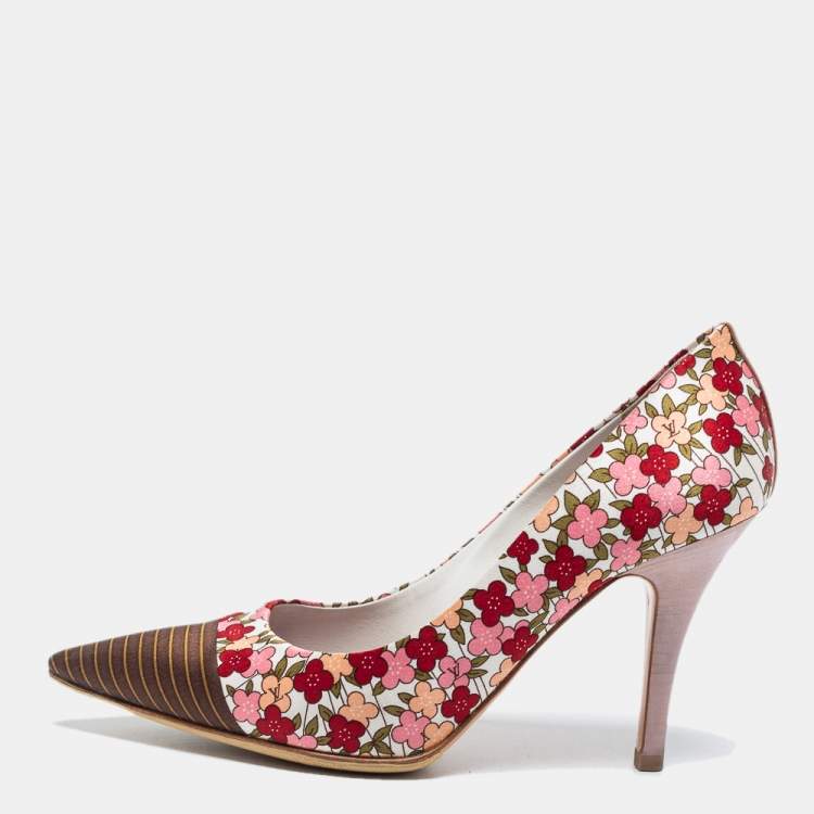 Pre Owned Louis Vuitton Multicolor Floral Print Satin Pointed Toe Pumps Size 36.5