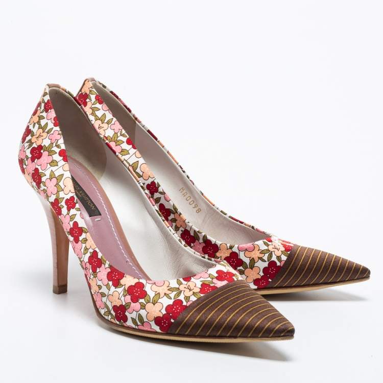 Pre Owned Louis Vuitton Multicolor Floral Print Satin Pointed Toe Pumps Size 36.5