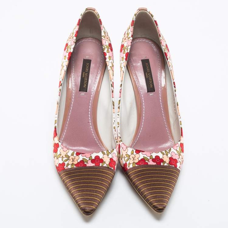 Pre Owned Louis Vuitton Multicolor Floral Print Satin Pointed Toe Pumps Size 36.5