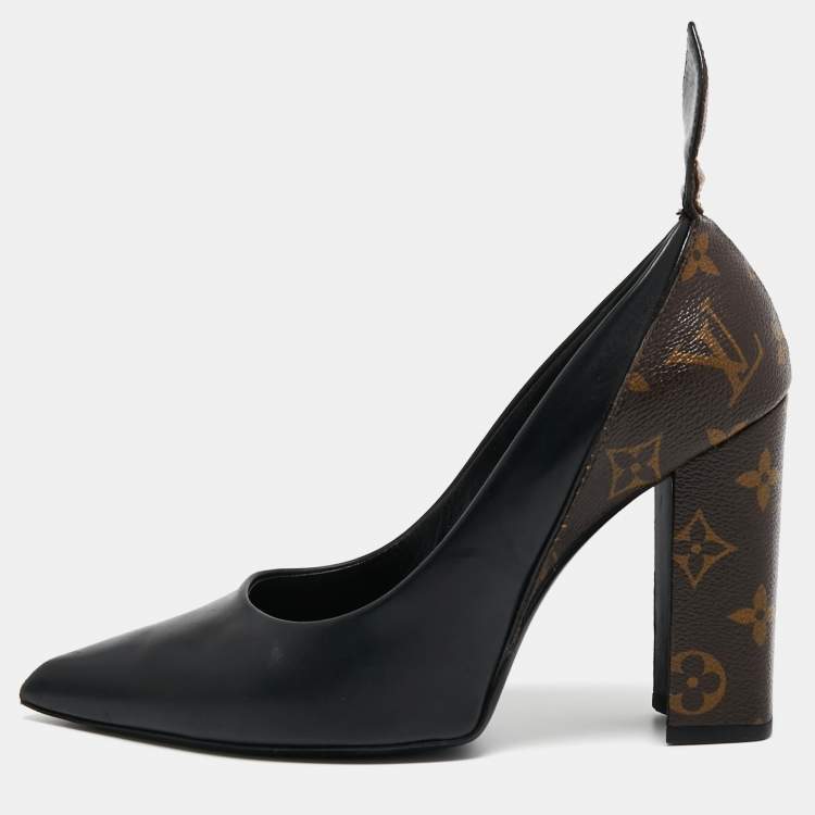 New LOUIS VUITTON Brown Monogram Black Leather Low Heel Pumps