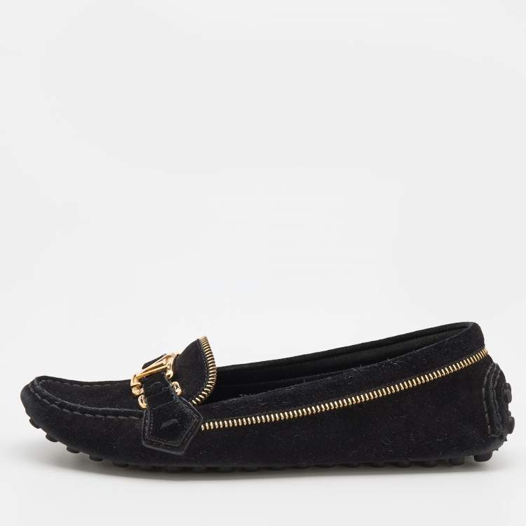 Pre Owned Louis Vuitton Black Suede Oxford Zip Detail Slip On Loafers Size 37
