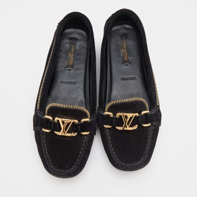Pre Owned Louis Vuitton Black Suede Oxford Zip Detail Slip On Loafers Size 37