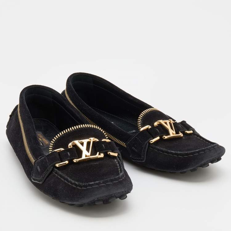 Pre Owned Louis Vuitton Black Suede Oxford Zip Detail Slip On Loafers Size 37