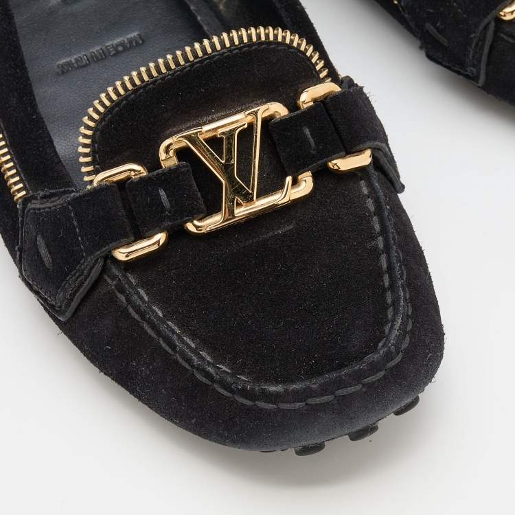 Pre Owned Louis Vuitton Black Suede Oxford Zip Detail Slip On Loafers Size 37