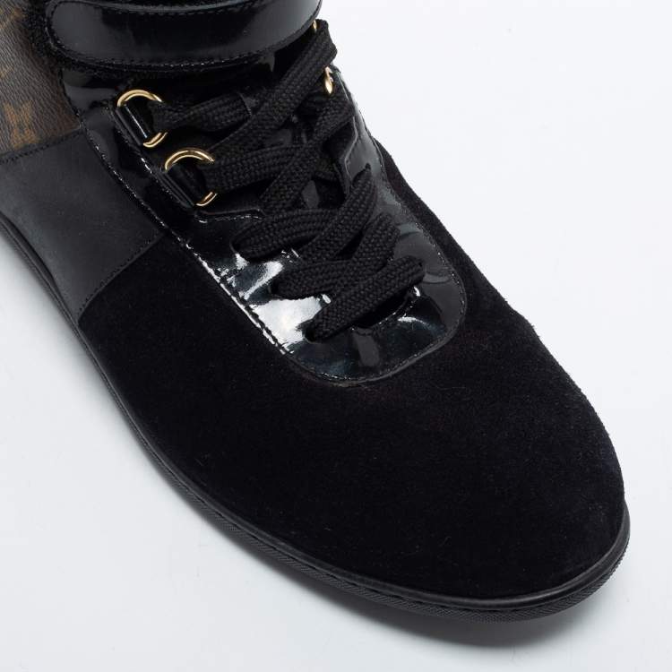 Pre Owned Louis Vuitton Black Leather and Monogram Canvas High Top Sneakers Size 36.5